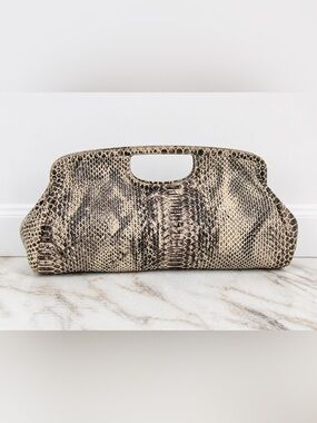 Elliott Lucca 100% Leather Snakeskin Embossed Clutch Bag Neutral Taupe